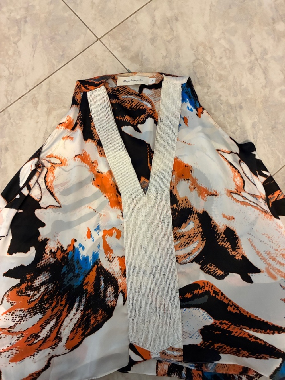 Abstract Print V-Neck Blouse with Beaded Trim